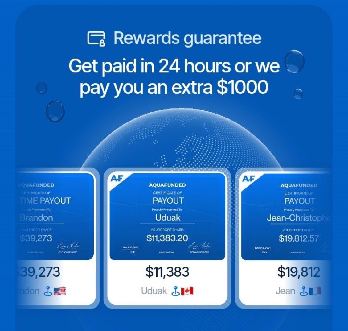 gana__jr's tweet photo. 💰 Rewards Guaranteed!  

Get paid in 24 hours or we pay you an extra $1000!  

Real payouts from AquaFunded:  
- Brandon (USA): $39,273  
- Uduak (Canada): $11,383  
- Jean-Christophe (France): $19,812  

Fast. Reliable. Guaranteed. https://t.co/lepIeH2dwo