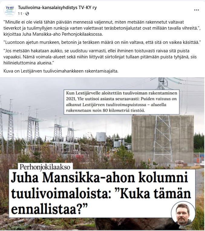 Tässä kirjoituksessa ihmetellään, miten #tuulivoima'a varten metsään rakennetut tieverkostot ja teräsbetonijalustat voisivat olla vihreitä. Ne aiheuttavat laajoja, pysyvästi hiilinieluttomia alueita. perhonjokilaakso.fi/artikkeli/juha…