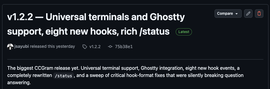 AyubiJS's tweet photo. 🚀 CCGram v1.2.2 is out

Control Claude Code from Telegram on ANY terminal — tmux, Ghostty, bare zsh. No keystroke injection.

✨ Ghostty support
✨ Rich /status (model, context %, branch, last msg)
✨ 8 new hooks (PreCompact, Elicitation, etc.)

https://t.co/lPBgiTDTVz

#claude #ghostty #coding