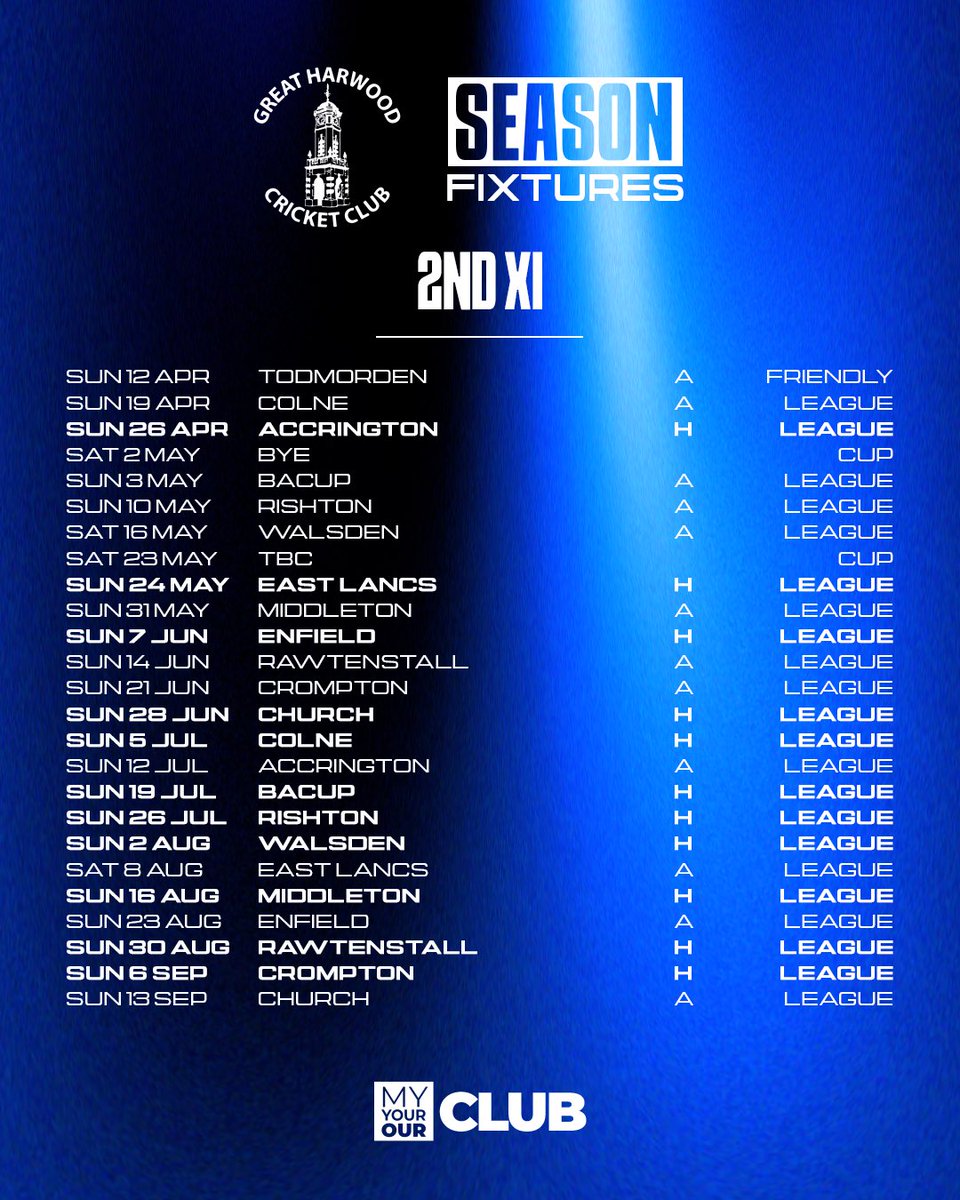 greatharwoodcc's tweet photo. Men’s Fixtures 2026

With the season starting this weekend, here’s a list of all men’s senior fixtures for 2026 https://t.co/1mupREZlGO