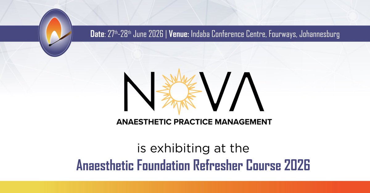 novaanaesthetic's tweet image. We are excited to share that Nova Anaesthetic Practice Management will be exhibiting at the Anaesthetic Foundation Refresher Course 2026.

Join us on 27–28 June 2026 at the Indaba Conference Centre, Fourways, Johannesburg.

#PrivatePractice #MedicalExhibition