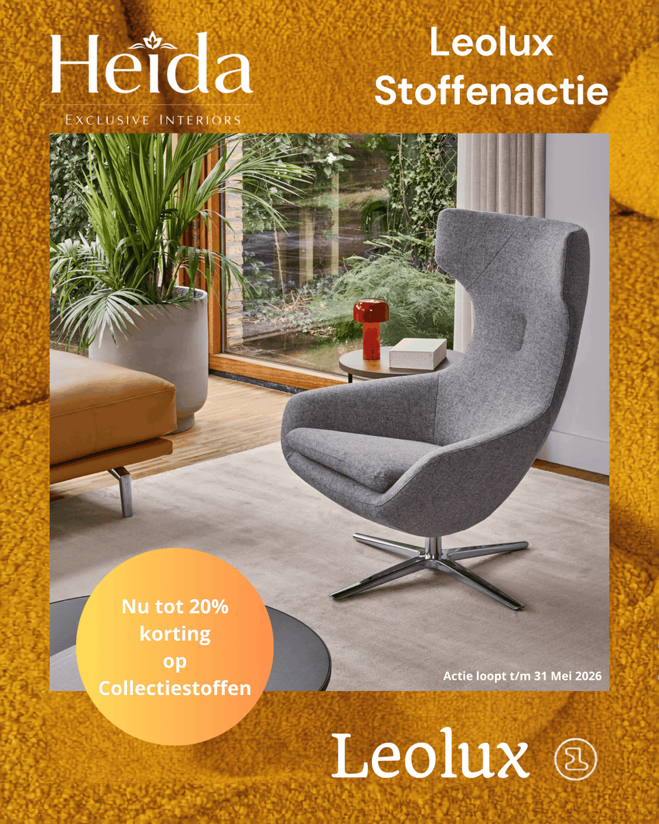 HeidaInterieurs's tweet image. 🏷️ Leolux Stoffenactie bij Heida!
Upgrade uw interieur met Leolux design. Tot 31 mei 2026 betaalt u voor álle collectiestoffen de laagste prijs. Uw voordeel loopt op tot wel 20% op banken, fauteuils en hockers! 🛋️

#leolux #winkelcentrumoudrijswijk #Interieur