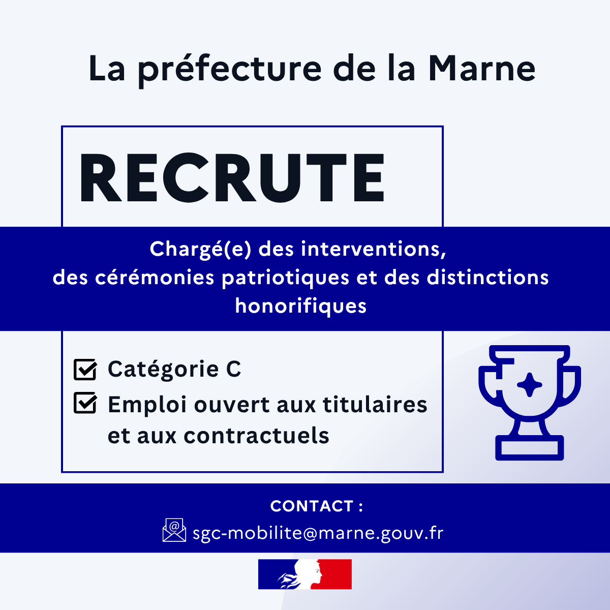 Image de Préfet de la Marne - #Recrutement
📢 La préfecture de la Marne (cabinet du préfet) recrute un(e) chargé(e) des interve