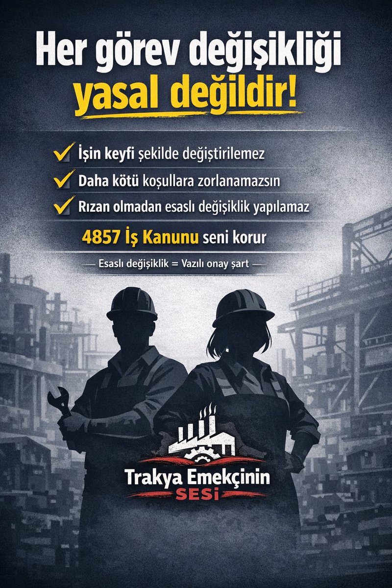 İşveren seni yıldırmak için görevini değiştiriyorsa dikkat et.

4857’ye göre işçi aleyhine esaslı değişiklikler
👉 senin yazılı onayın olmadan yapılamaz.

Haklarını bil.
Sessiz kalma.
#gündem #haber #sondakika #birliktegüçlüyüz #trakyaemekçininsesi
