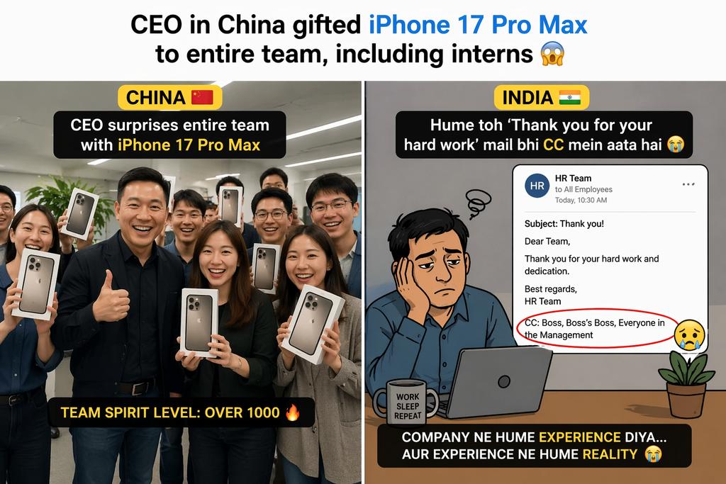 MangeshDanwe's tweet image. China: CEO gifts iPhone 17 Pro Max to entire team 🤯📱

Meanwhile in India…🤔
Thank you for your hard work in mail… wo bhi CC mein 😭

Company ne hume experience diya…
aur experience ne hume reality 💀

#CorporateLife #Meme #OfficeLife #Relatable