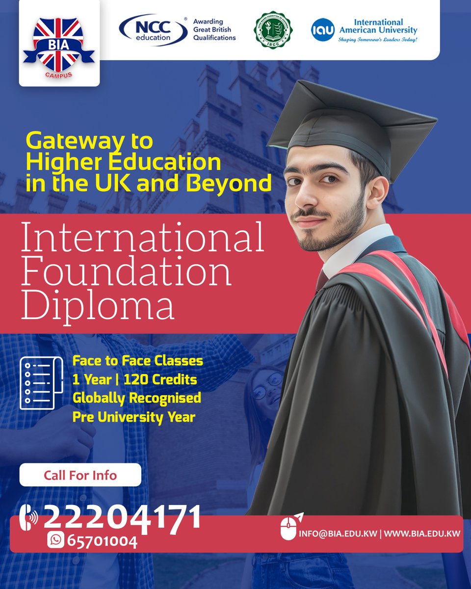 britainintl's tweet image. 💭 Dreaming big? Start here! 🇰🇼
Enroll in our International Foundation Diploma — the stepping stone to 👨‍🎓👩‍🎓 university studies in the UK 🇬🇧 and across the globe.
☎️22204171, 65701004, 66630490, 99391839, 65961955 | 📧 info@bia.edu.kw | 🌐 bia.edu.kw/courses/underg…
#britainintl #q8