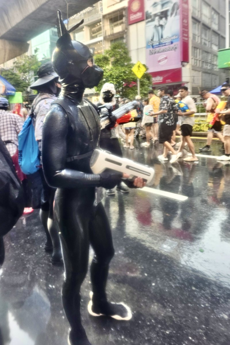 Wet and shiny black rabbit in Songkran festival at Silom 💦🐰🖤✨

Love to see how surprise 
and curious people are when they saw latex suit in parade with <a href="/forfunbangkok/">FORFUN</a> community. Even this year was much hotter and crowded but it was still fun! Definitely do it again next year~