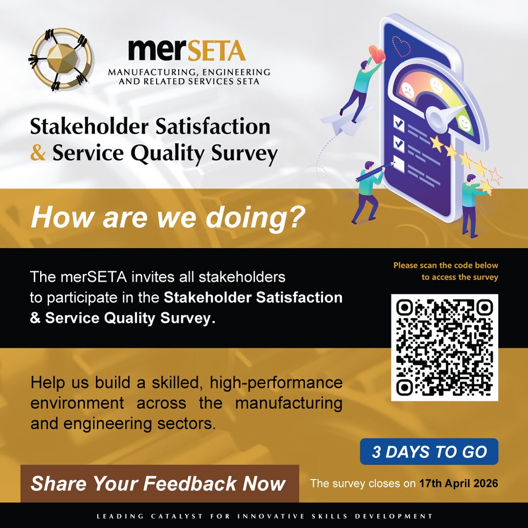 merSETASocial's tweet image. 3 𝘿𝙖𝙮𝙨 𝙩𝙤 𝙂𝙤: 𝙒𝙚 𝙒𝙖𝙣𝙩 𝙩𝙤 𝙃𝙚𝙖𝙧 𝙛𝙧𝙤𝙢 𝙔𝙤𝙪🗣️

Share Your Feedback Now: lnkd.in/dQB6-g7D... 

The survey closes on 17th April 2026

#merSETA #StakeholderEngagement #ServiceExcellence #SkillsDevelopment