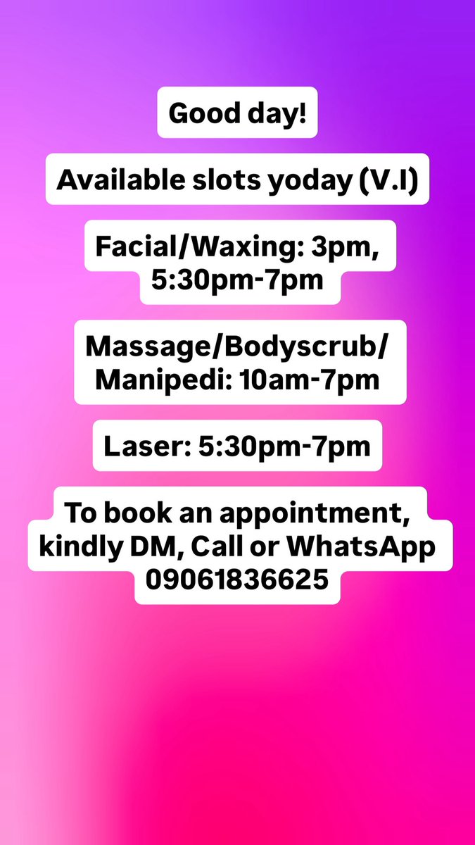 Good day!

Available slots today Wednesday, 15/04/2026
To book an appointment, kindly DM or  WhatsApp:

Ikoyi branch: wa.me//+2349013134945
V.I branch: wa.me//+2349061836625