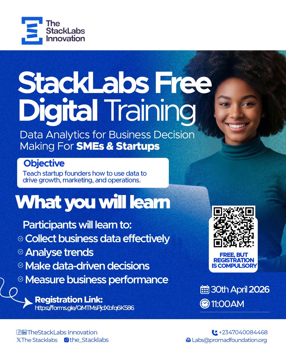 DaisiOmokungbe's tweet image. As part of our contributions to digital skills development startups and SMEs in Nigeria, @thestacklabs has announced a free data analytics training for startups and SMEs, supported by @survifyapp. 

Good luck! 

DMO 
#DigitalLeadership #SMEs #dataanalytics #DMOmokungbe