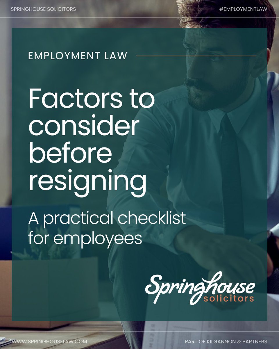SpringhouseLaw's tweet photo. Thinking about resigning? 🤔

Before you hand in your notice, understand your rights, finances, and how to protect yourself.

Sally Eastwood shares a practical checklist 👇
https://t.co/LZEHifBwan

📞 0800 915 7777
📧 hello@kilgannonlaw.co.uk

#EmploymentLaw #Resignation #UKLaw https://t.co/TaYMMW3Az5