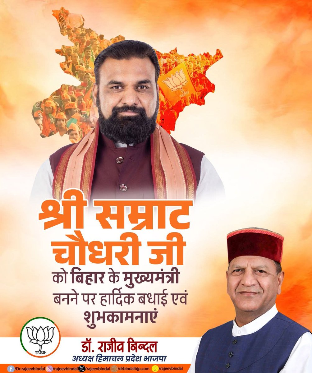 आदरणीय श्री सम्राट चौधरी जी को बिहार का मुख्यमंत्री बनने पर समस्त हिमाचल वासियों एवं भाजपा परिवार की ओर से कोटि-कोटि बधाई एवं अनंत शुभकामनायें।