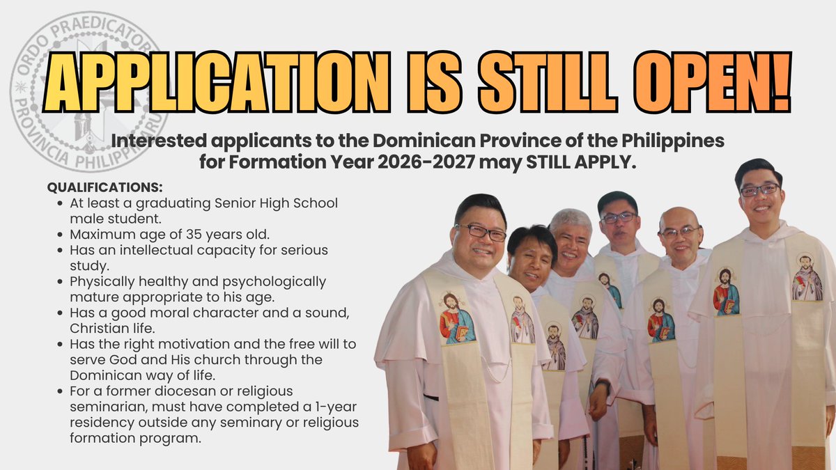 DominicansPHVoc's tweet photo. YOU'VE WEIGHED IT OUT —NOW TAKE THAT LEAP!

Application to the Dominican Province of the Philippines for Formation Year 2026-2027 is STILL OPEN!

REGISTER NOW by filling out the Google form:
https://t.co/KkhL7vraSv

Be a Dominican priest or cooperator brother! https://t.co/zDO4vFQkqD
