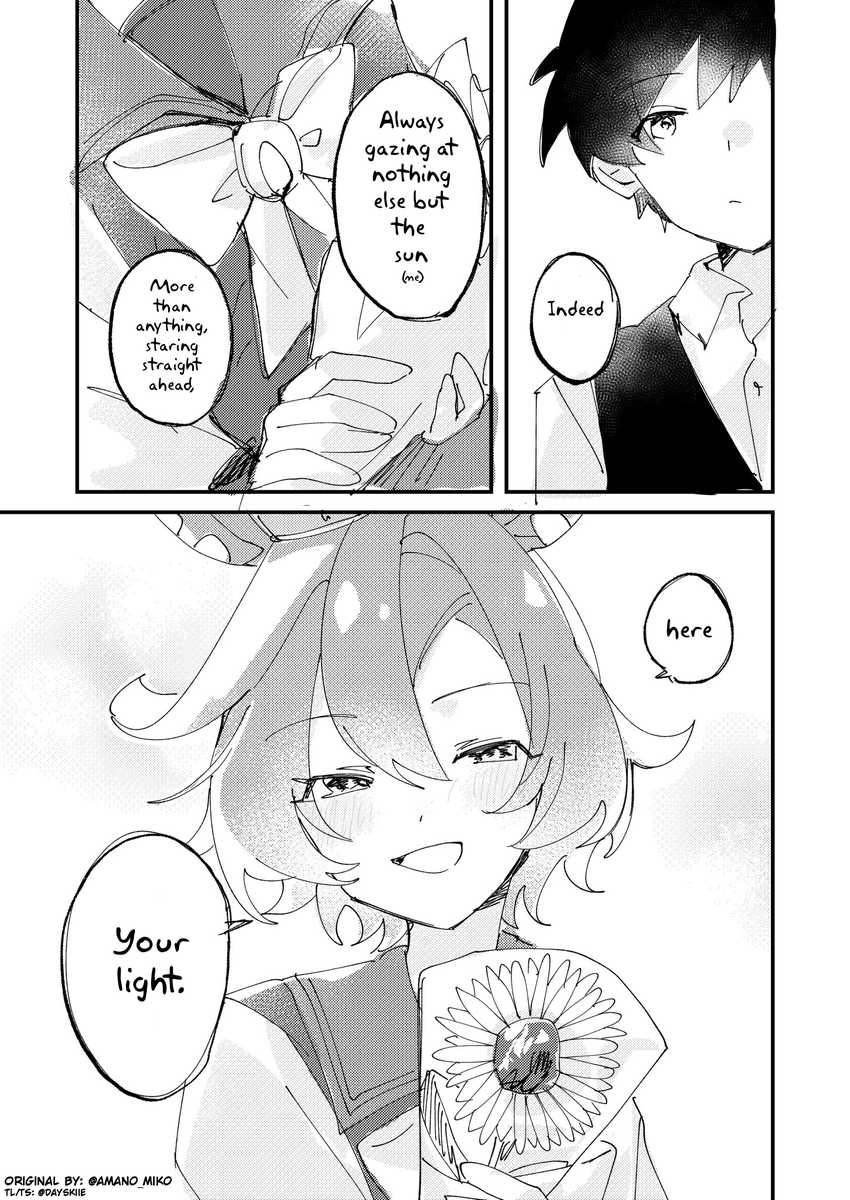 "A quick sketch inspired by a marshmallow sunflower, they look alike (TorOpe)"
(Original by: <a href="/amano_miko/">あまの</a>)

A brilliant radiance shines for all.
#UmaTranslations #ウマ娘