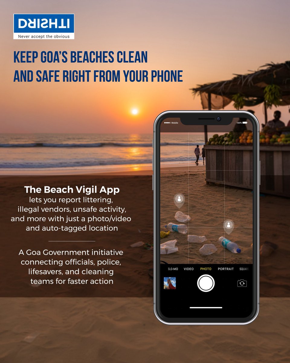 DrishtiMarine's tweet photo. See something wrong on the beach? Act on it.

With the Beach Vigil App, you can report littering, illegal activities, and unsafe behaviour instantly, helping keep Goa’s beaches clean and safe.

Lets work together for a cleaner Goa!

#BeachVigilApp #DrishtiMarine https://t.co/DUZfRpm84N