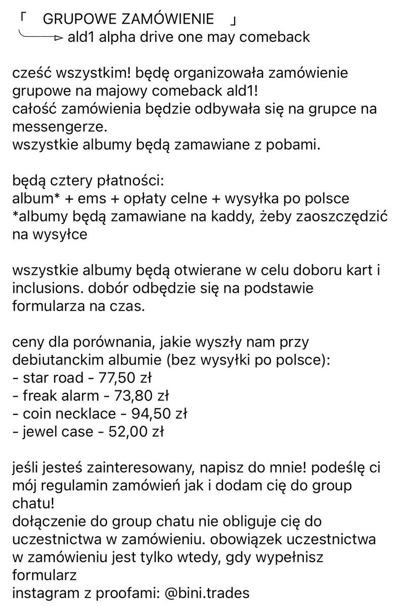 [ group order ]

cześć wszystkim! będę organizowała zamówienie grupowe comeback ald1!
wszystkie informacje znajdują się na grafice, zapraszam!