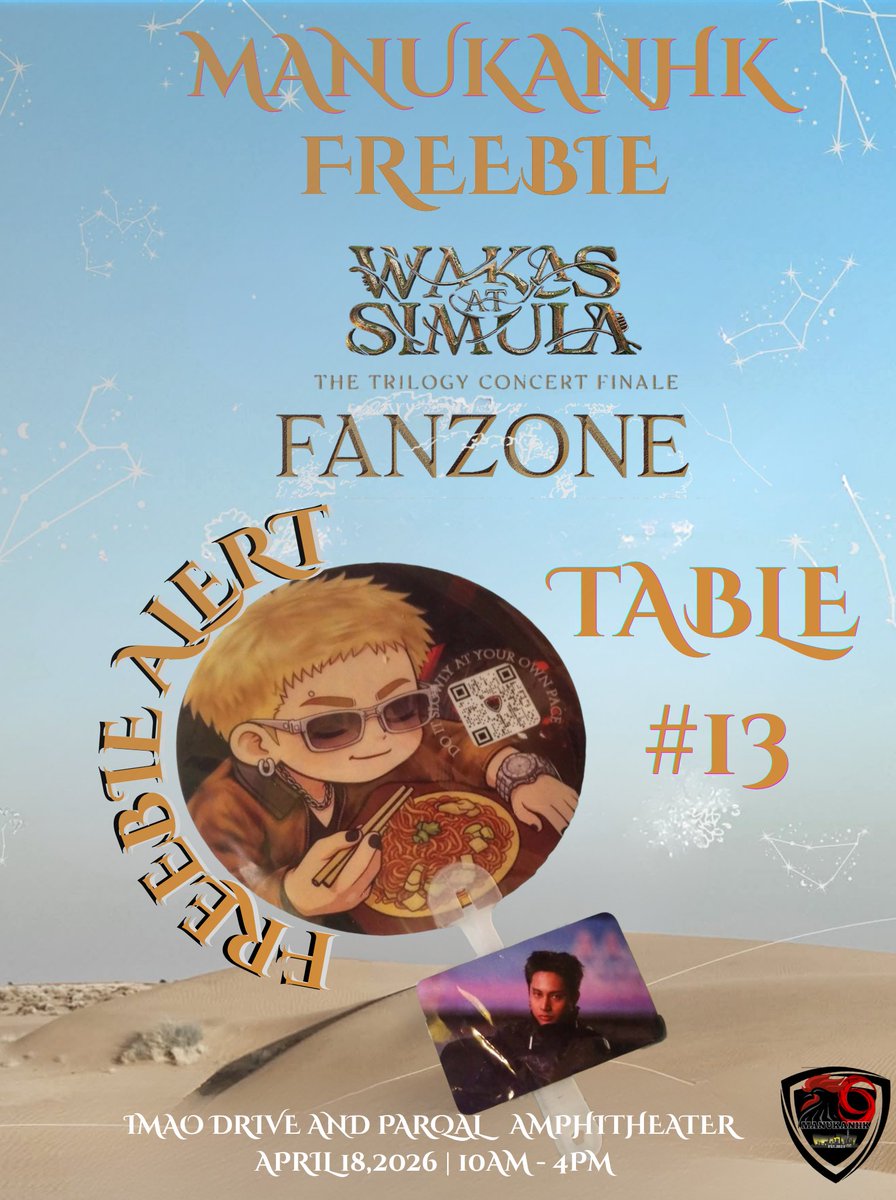 MANUKANHK's tweet image. ⚡ FREEBIE ALERT ⚡
🔥 Table #13 = your MANUKANHK giveaway spot!

🎶 Wakas at Simula  The Trilogy Concert Finale
📍 IMAO Drive &amp;amp; Parqal Amphitheater
🕙 April 18 | 10AM–4PM
💎 First come, first served! don’t miss the rush!

D-3 SB19 WAS CONCERT FINALE
@SB19Official #SB19