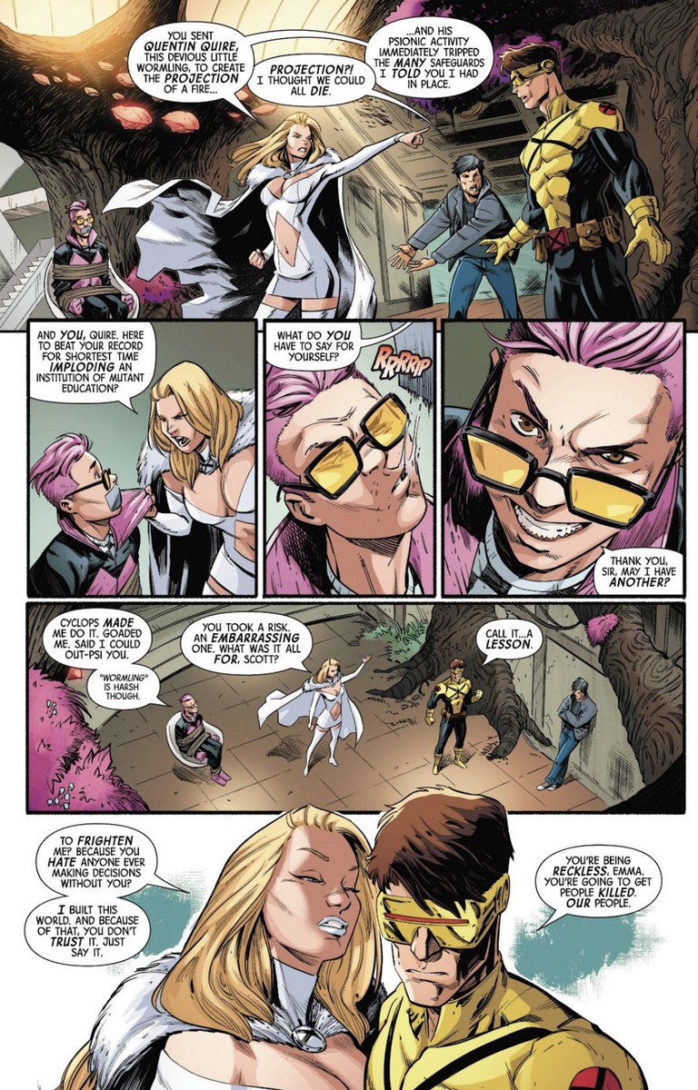Hussy616's tweet image. Finally got to read #XMen United, the panels floating around were definitely posted out of order and context. The only thing I will say it appears Cyclops is having a mental breakdown with a gambit out of desperation. #EmmaFrost is rightfully angry and Quentin is a worm.