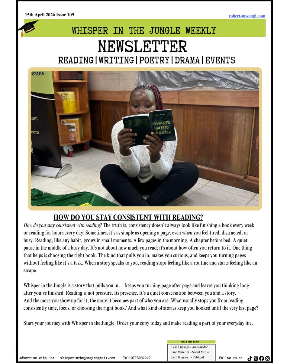 WhisperJungle's tweet photo. How to succeed as a writer in Kenya.Are you a writer, poet, or book lover in Kenya?Here is your Weekly Newsletter.Join our community of passionate readers, writers, and poets as we explore the world of words. 
#whisperinthejunglebook #ReadingEssentials #ReadingCulture https://t.co/coshcVKoWy