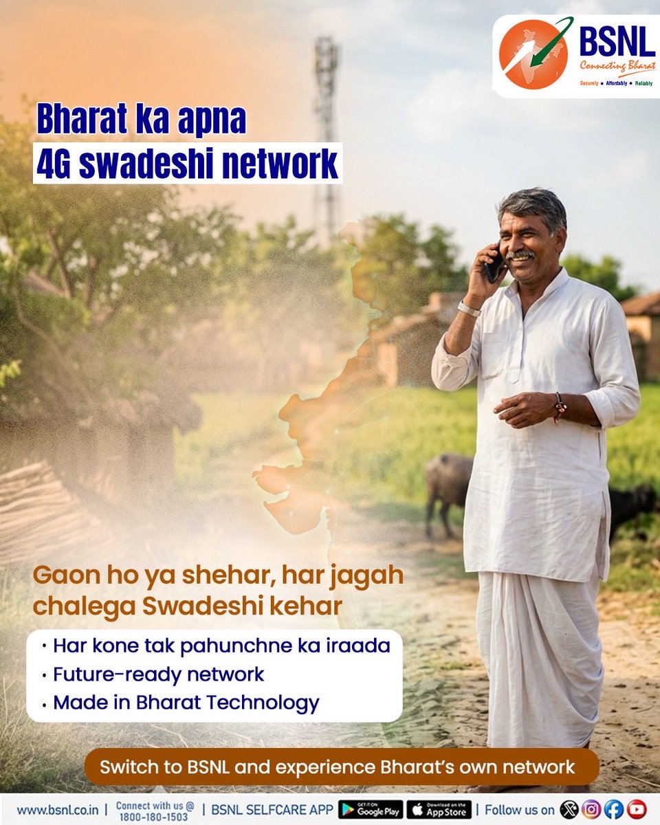 BSNLCorporate's tweet image. Ab sirf network nahi, ek desh ki pehchaan hai.

BSNL Swadeshi 4G ke saath har call aur har click mein hai Bharat ki taqat. Switch karo, aur experience karo desh ka apna network.

#BSNLIndia #Swadeshi4G #MadeInIndia #DeshKaNetwork #AtmanirbharBharat @CMDBSNL @robertravi21