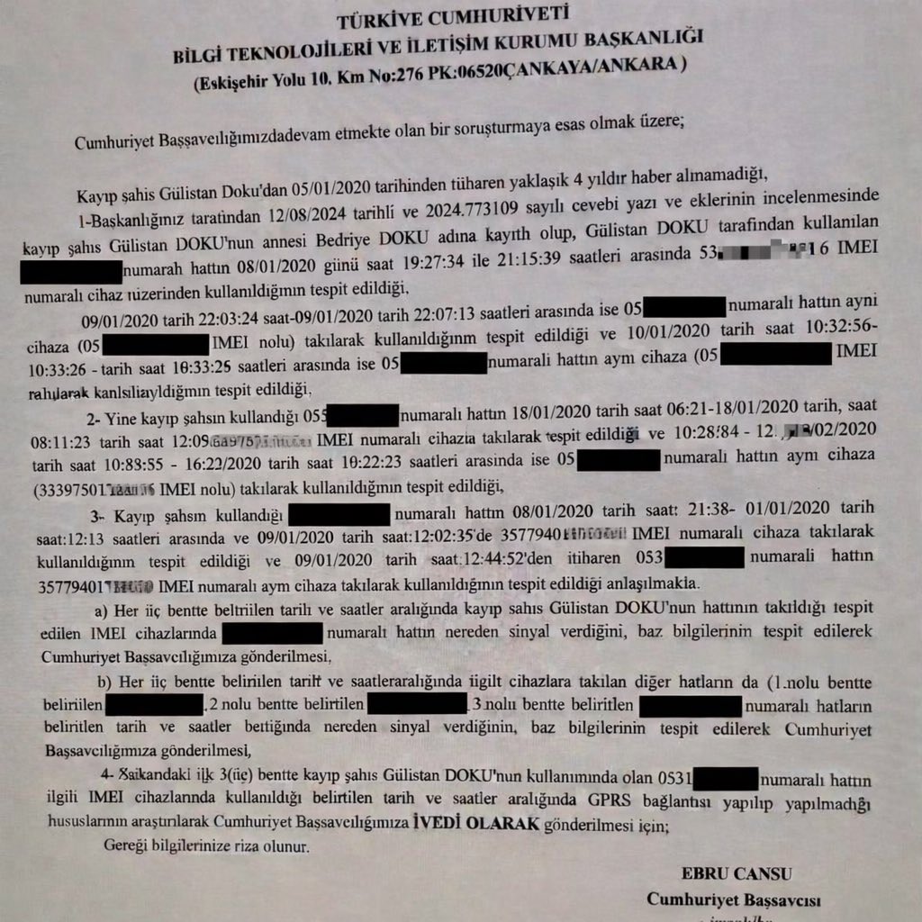 UeDemircan's tweet photo. Gülistan bu mesajların ardından adeta yer yarıldı da içine girdi. Kirli eller  o kayboluşun ardından hemen harekete geçti. Önce dönemin Tunceli Valisi Tuncay Sonel’in oğlu Mustafa Türkay Sonel ve arkadaşı Umut Altaş’ın  mobese görüntüleri silindi. Sırada önemli delil olan Gülistan’ın  kullandığı telefon vardı. Vali Sonel SIM kartı aileden aldıktan sonra savcılığa teslim etmek yerine Ankara’da  görevli olan ve uyuşturucu kaçakçılığına adı  karışan Polis memuru Gökhan Ertok’a  gönderdi. Ertok 18 Ocak günü SİM karta girerek 720 saniyelik o veriyi bir tuşla sildi. Veriler silindikten sonra SİM kart savcılığa teslim edildi. 

Buraya kadar herşey tıkır tıkır işlemişti. Taki o dosyayı cumhuriyet başsavcısı Ebru Cansu tozlu raflardan indirene kadar…

#gülistandoku #tunceli #ebrucansu #gülistananeoldu #türkaysonel #umutaltaş 

@Tuncelijandarma @Dokuailesi @av_cmn @TunceliEmniyet @TunceliValiligi @abakingurlek @adalet_bakanlik @TC_icisleri @mustafaciftcitr