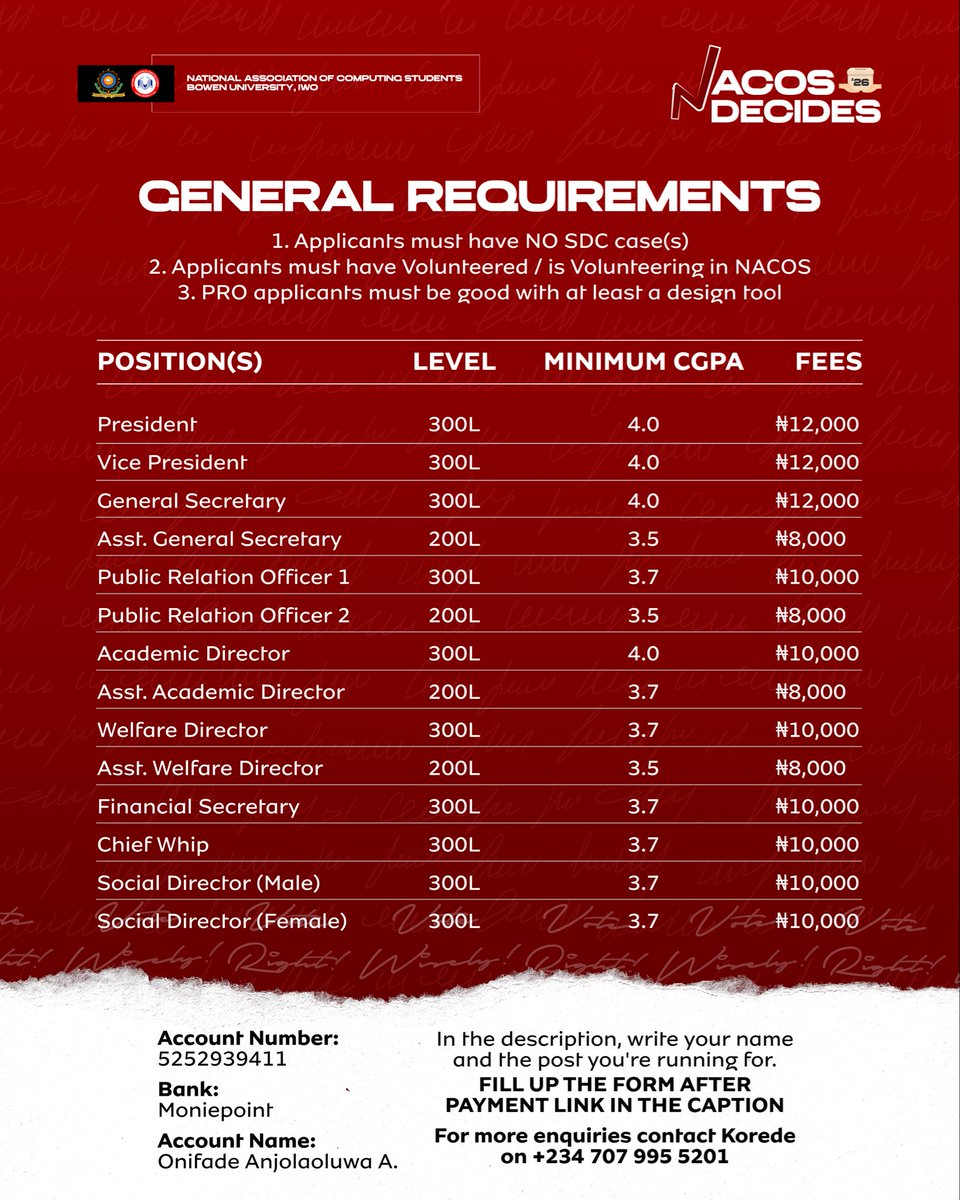 nacosbu's tweet image. ‼️The Application form for the upcoming election is officially open 

The interested applicants can apply using the provided form below
forms.gle/2FSRGSkQ3FB1xs…

Here are the requirements for all interested candidates.
Don’t miss your chance to be part of something impactful🚀.