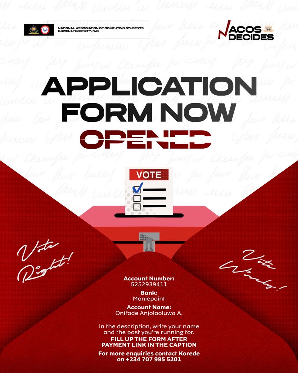 nacosbu's tweet image. ‼️The Application form for the upcoming election is officially open 

The interested applicants can apply using the provided form below
forms.gle/2FSRGSkQ3FB1xs…

Here are the requirements for all interested candidates.
Don’t miss your chance to be part of something impactful🚀.