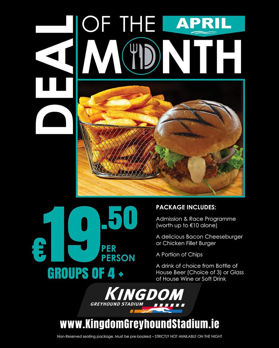 KingdomDogTrack's tweet image. Always a big hit with groups, our Deal of the Month offer is one you’re going to love!

April Deal of the Month Only €19.50 per person
For Groups of 4 or more people - must be pre-booked!

Book now on KingdomGreyhoundStadium.ie

#Tralee #GoGreyhoundRacing #ThisRunsDeep