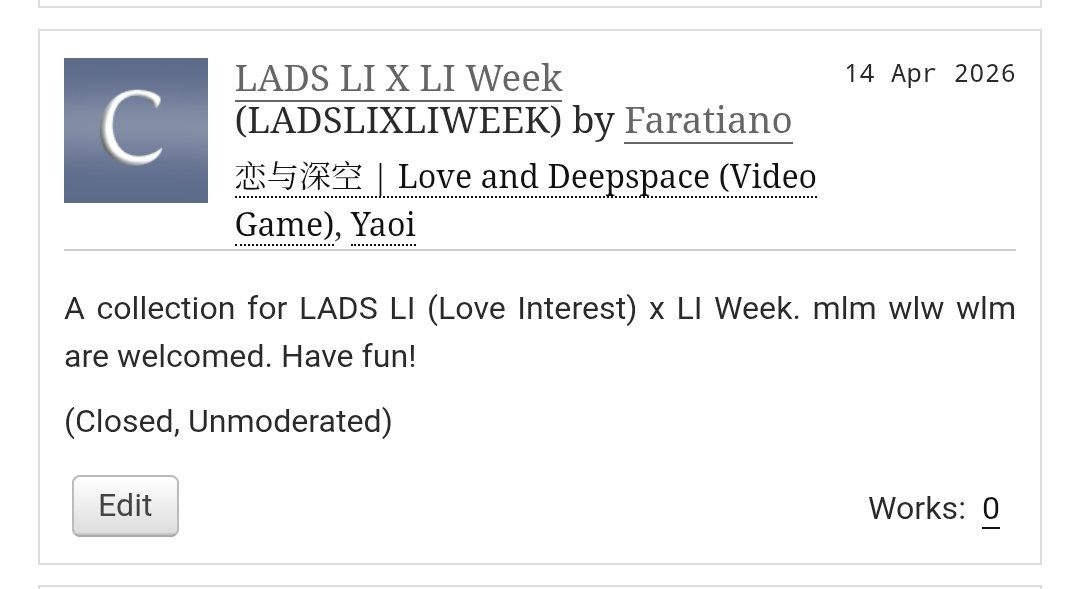 [AO3 COLLECTION #LADSLIXLIWEEK] 

If you'd like to publish your works on AO3, Please add it to the collection (LADSLIXLIWEEK), which I will open on April 17th

So it's easier for both readers and creators to find and search your lovely works 🫶

archiveofourown.org/collections/LA…