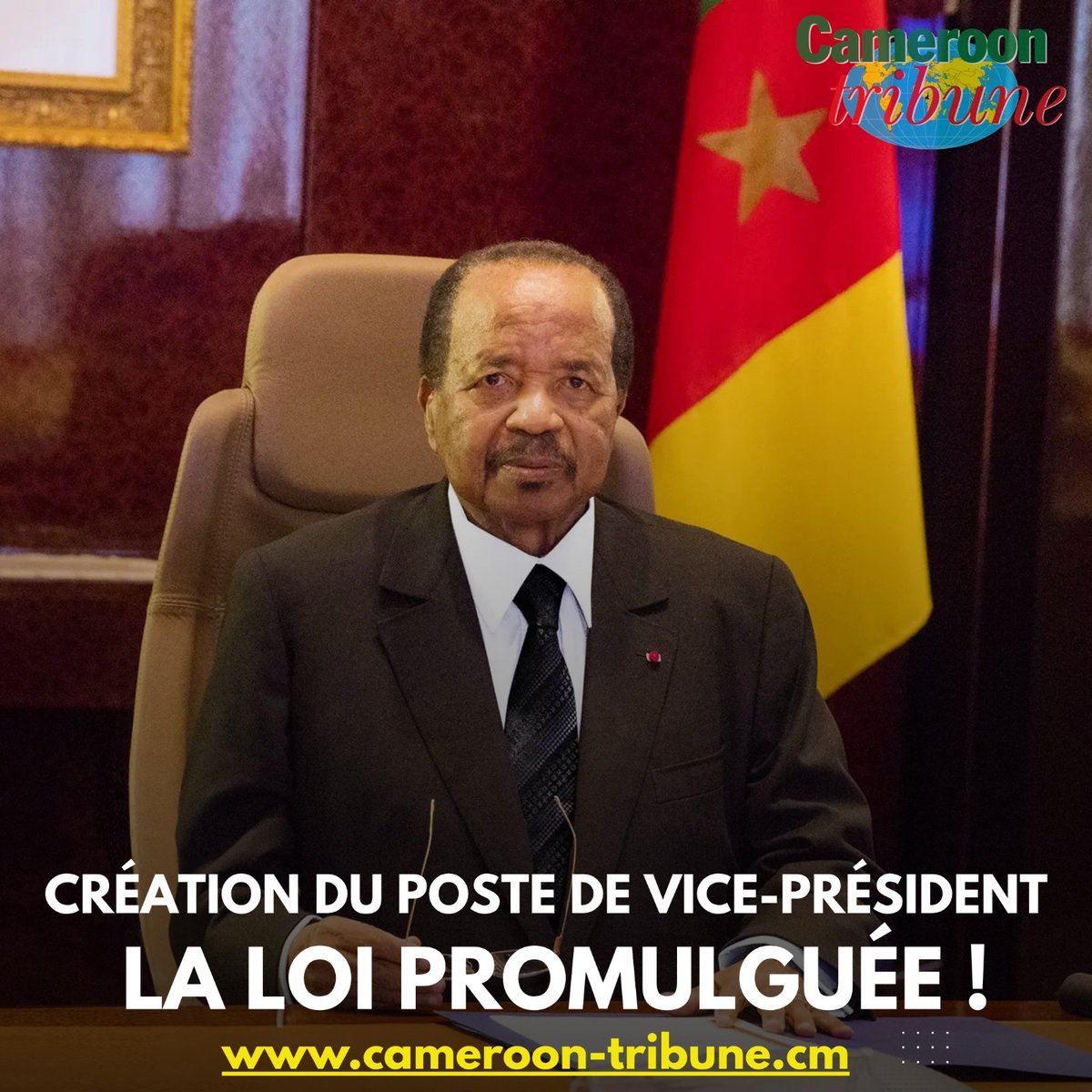 CamerounTribune's tweet image. Le #président #PaulBiya a promulgué hier, mardi 14 avril 2026, les trois #lois adoptées par le #Parlement le 4 avril dernier. La principale nouveauté : la création officielle d’un poste de vice-président de la République.