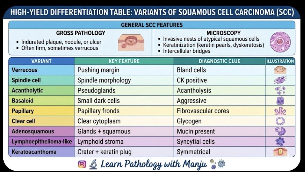 ManjulaNavamani's tweet image. SCC and it’s variants 
#examnotes 
#learnpathologywithmanju 
#pathresidents 
@MunchManju95