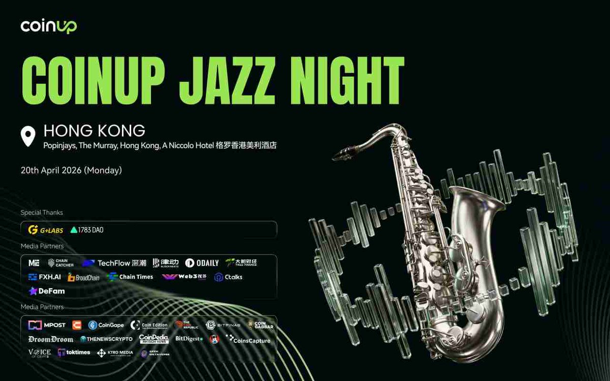CoinUp will be hosting an offline event, “CoinUp Jazz Night · Hong Kong”, on April 20 at Popinjays Rooftop in Central.

The event blends live jazz performances with Web3 networking, bringing together traders, project teams, investors, and KOLs in a more relaxed setting.