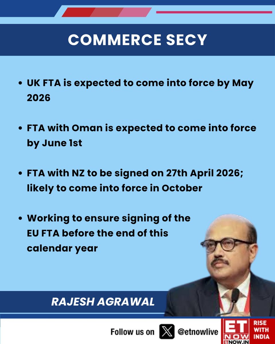 ETNOWlive's tweet image. "UK FTA is expected to come into force by May 2026," says Commerce Secy Rajesh Agarwal

@CimGOI @RajeshAgrawal94 #Trade #FTA