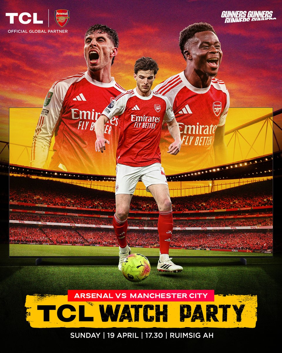 TCL_SouthAfrica's tweet image. WIN WIN WIN with TCL and Arsenal!
Who’s taking the win on Sunday, Arsenal or Man City?
Drop your prediction in the comments,

You could score tickets to the TCL Watch Party this Sunday.

Ruimsig
19 April 2026
17:30

#TCL #InspireGreatness #TCLxArsenal