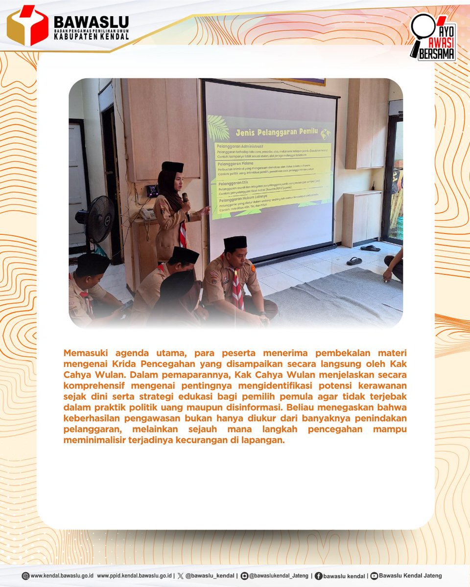 bawaslu_kendal's tweet image. Bawaslu Kendal perkuat peran Saka Adhyasta Pemilu! Melalui sosialisasi Krida Pencegahan, generasi muda diajak aktif mengawasi jalannya demokrasi.

Bersama kita wujudkan Pemilu yang bersih dan jujur!

#BawasluKendal #SakaAdhyastaPemilu