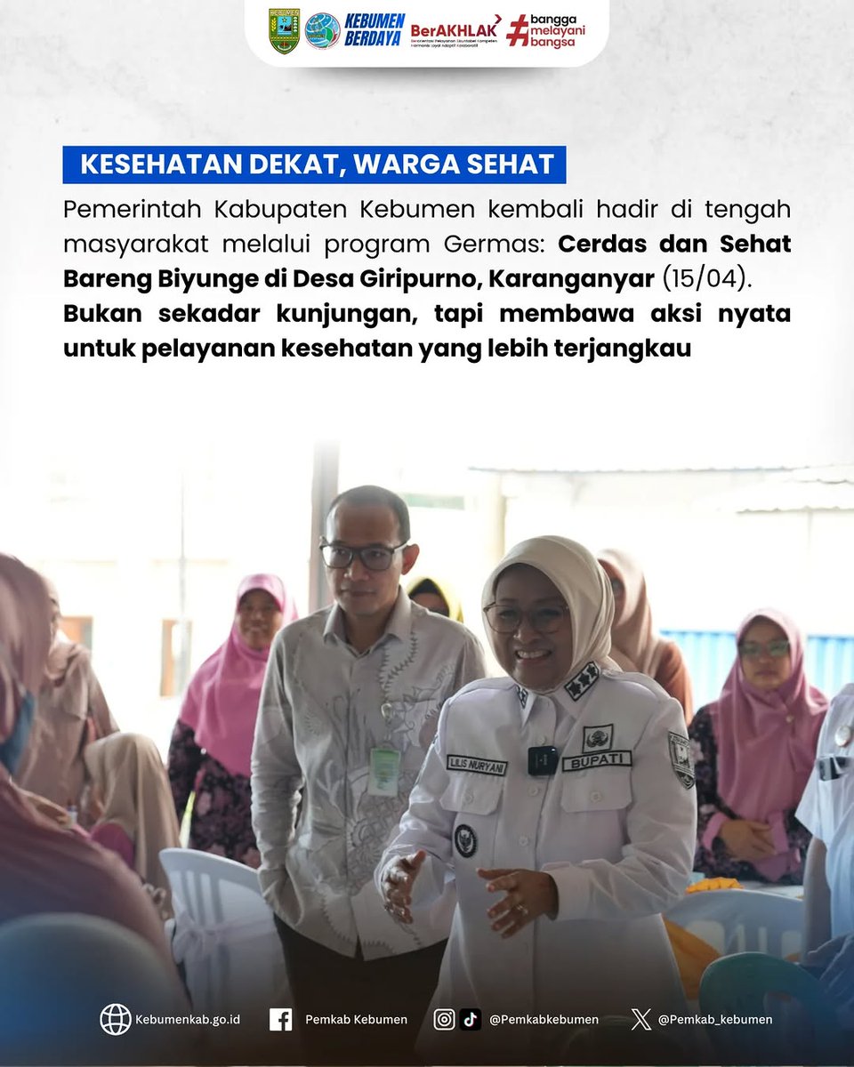 pemkab_kebumen's tweet photo. Sehat lebih dekat untuk warga Giripurno. Sebanyak 200 warga mengikuti pemeriksaan kesehatan gratis dalam kegiatan GERMAS Cerdas dan Sehat Bareng Biyunge. #pemkabkebumen #kebumenberdaya #germas #kebumensehat https://t.co/f1aRuETktY