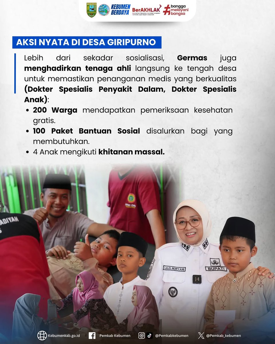 pemkab_kebumen's tweet photo. Sehat lebih dekat untuk warga Giripurno. Sebanyak 200 warga mengikuti pemeriksaan kesehatan gratis dalam kegiatan GERMAS Cerdas dan Sehat Bareng Biyunge. #pemkabkebumen #kebumenberdaya #germas #kebumensehat https://t.co/f1aRuETktY