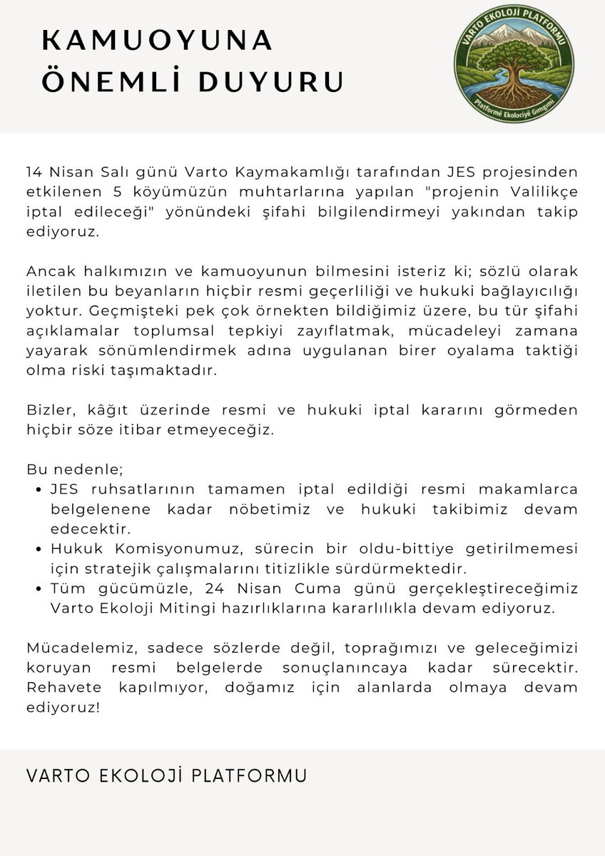 VartoEkoloji's tweet photo. KAMUOYUNA DUYURULUR:
Mücadelemiz devam ediyor.
#Vartoİstemiyor https://t.co/U8oFkyjgtA