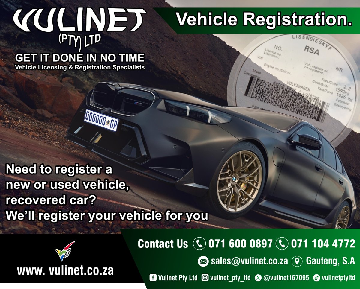 vulinet167095's tweet photo. VULINET (Pty) Ltd- #Registering a new or used #vehicle? We've got you covered! We’ll handle the paperwork, sort your #license #plate & #disc, and even stand in the queue for you.
Call NOW! 0716000897/ 0711044772
https://t.co/K4ZDNaXLF2
https://t.co/9noUmguUyo
#Vulinet https://t.co/7VyLI8fenm