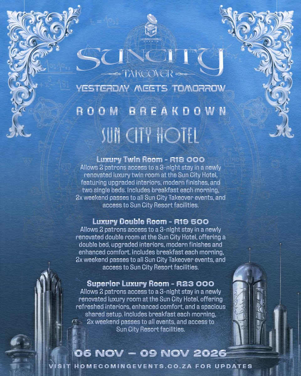HomeComingEvent's tweet image. A journey through time begins today ⏳

Step into this year’s #SunCityTakeover with us on IG live at 12:30 to break it all down before the drop 🚀