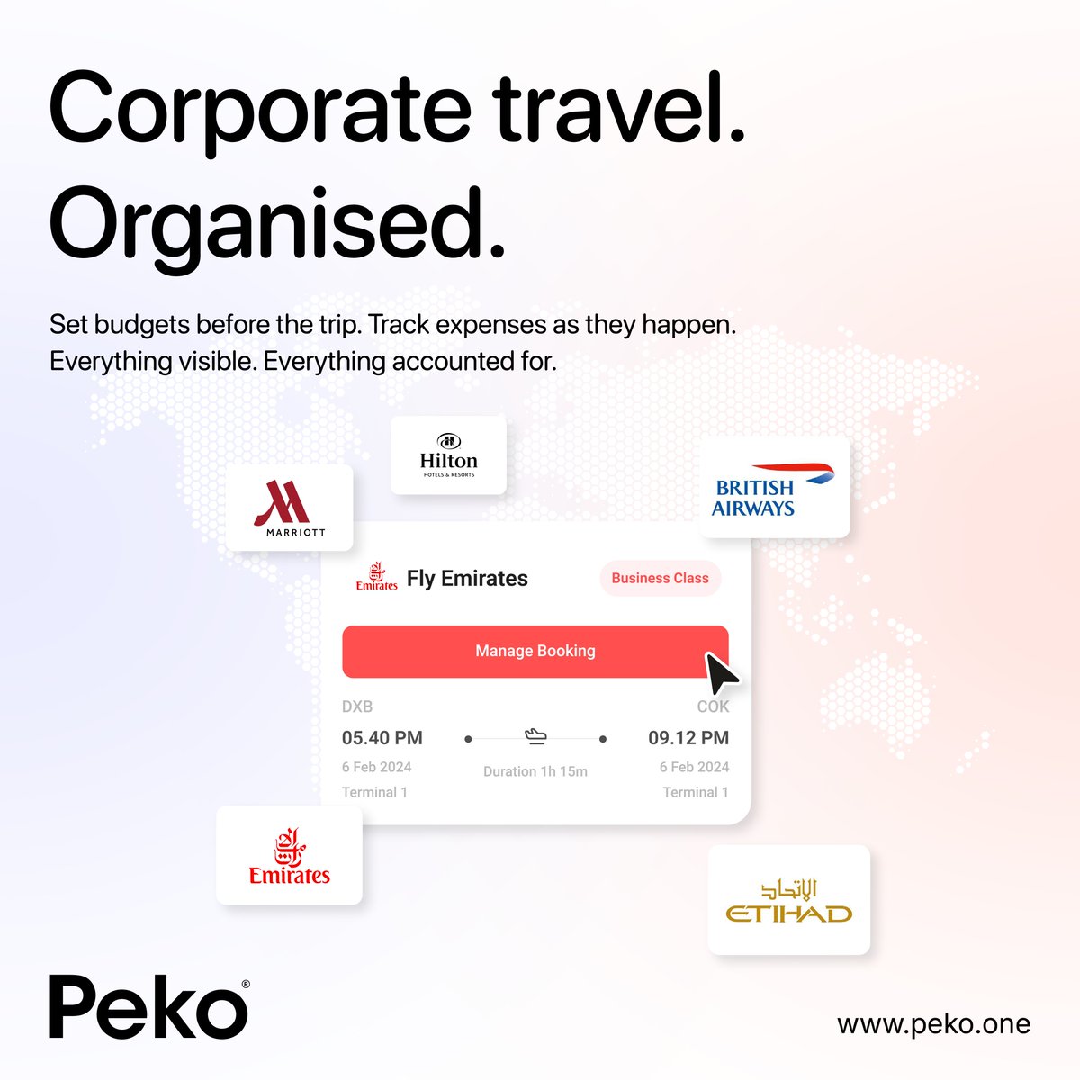 PekoHQ's tweet photo. Corporate travel that's actually organised.

Book flights, hotels and transport. 
Set budgets. Track expenses. 
All in one platform.
That's Peko, built for UAE businesses 
that mean business.

Visit https://t.co/Wc7XdCHQ2W

#CorporateTravel #UAE #Peko #PoweredByPeko https://t.co/WQc9bOziWi