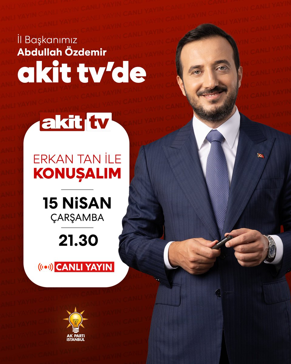 akpartiistanbul's tweet photo. İl Başkanımız Sayın @abdullahozdemir, bu akşam Akit TV’de @erkantan__ ile Konuşalım programına konuk oluyor.

📍 @akittv
🗓 15 Nisan Çarşamba
⏰ 21.30 https://t.co/VnX2aMKv5W