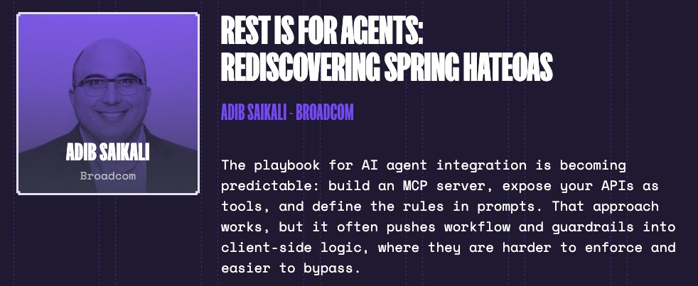 VMwareTanzu's tweet photo. The way we build AI agent integrations is changing. @asaikali argues REST is for Agents: Rediscovering Spring HATEOAS at #SpringIO. Learn how HATEOAS, allows an API to describe allowed actions and constraints at runtime.

Wed, April 15 @ 12:30 PM
https://t.co/H9mg9ckam8 https://t.co/AzDxi4nE72