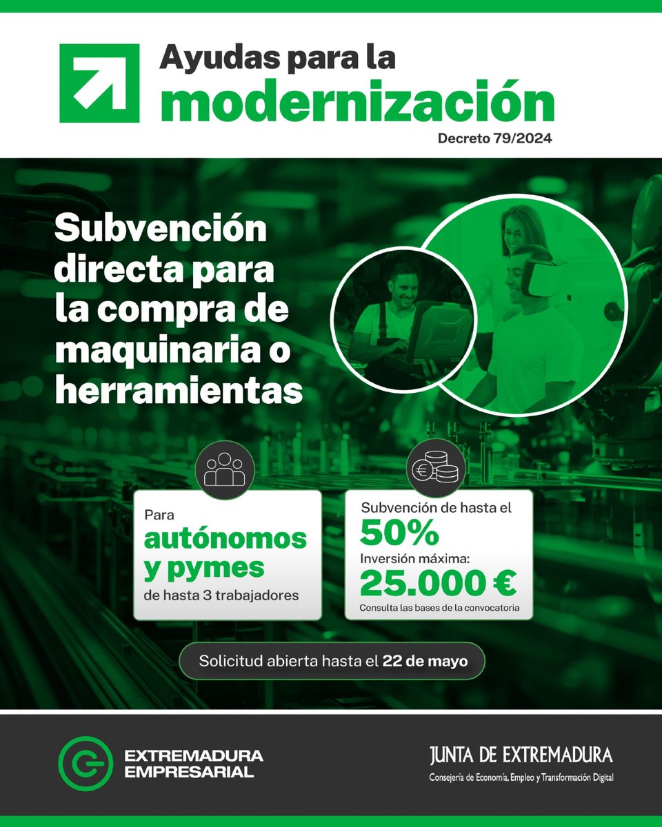 empresa_EXT's tweet photo. 🚀 ¿Quién puede solicitar las ayudas a la modernización?

Ejemplo real 👇
🫒 Empresa de aceite de oliva
⚙️ Nueva maquinaria (envasadora, etiquetadora, tolva)
💰 +20.000 € de inversión
✅ 50% subvencionado

Tu empresa también puede dar el paso.

⏳ Hasta el 22 de mayo
👉 https://t.co/VEcwjZETA5