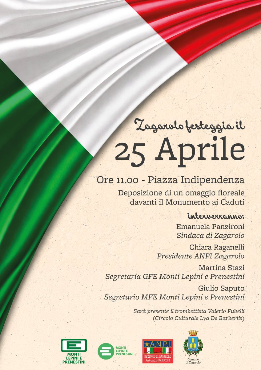 ComuneZagarolo's tweet photo. 25 APRILE - FESTA DELLA LIBERAZIONE - "ZAGAROLO FESTEGGIA IL 25 APRILE" https://t.co/b6pY2w9COB