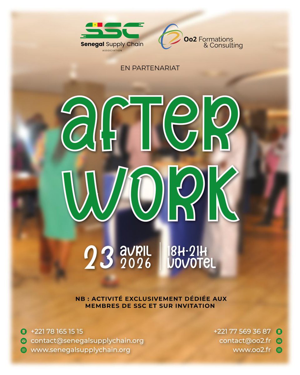 🚀 L'Association <a href="/ChainSenegal/">SENEGAL SUPPLY CHAIN</a> en partenariat avec le cabinet Oo2 Formations vous convie à un Afterwork pour un moment d'échange décontracté 🥂.

👉 Inscrivez-vous ici : senegalsupplychain.org/inscription-af…

#SSC #CabinetOo2 #transport #logistics #formation #Networking #Afterwork #RéseauPro