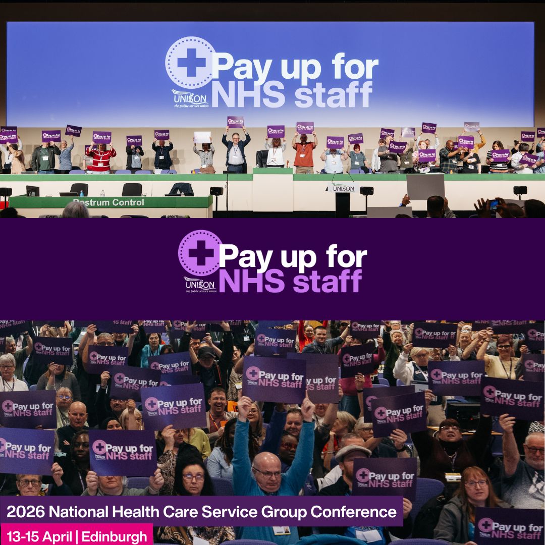 unisontheunion's tweet photo. Healthcare workers at #uhealth26 send a clear message to the government: value NHS staff - 3.3% is not enough.

➡️ Support the call for fair pay and a stronger NHS workforce:
🔗 https://t.co/nJhvxv1N6y https://t.co/cuWC2IiMMR