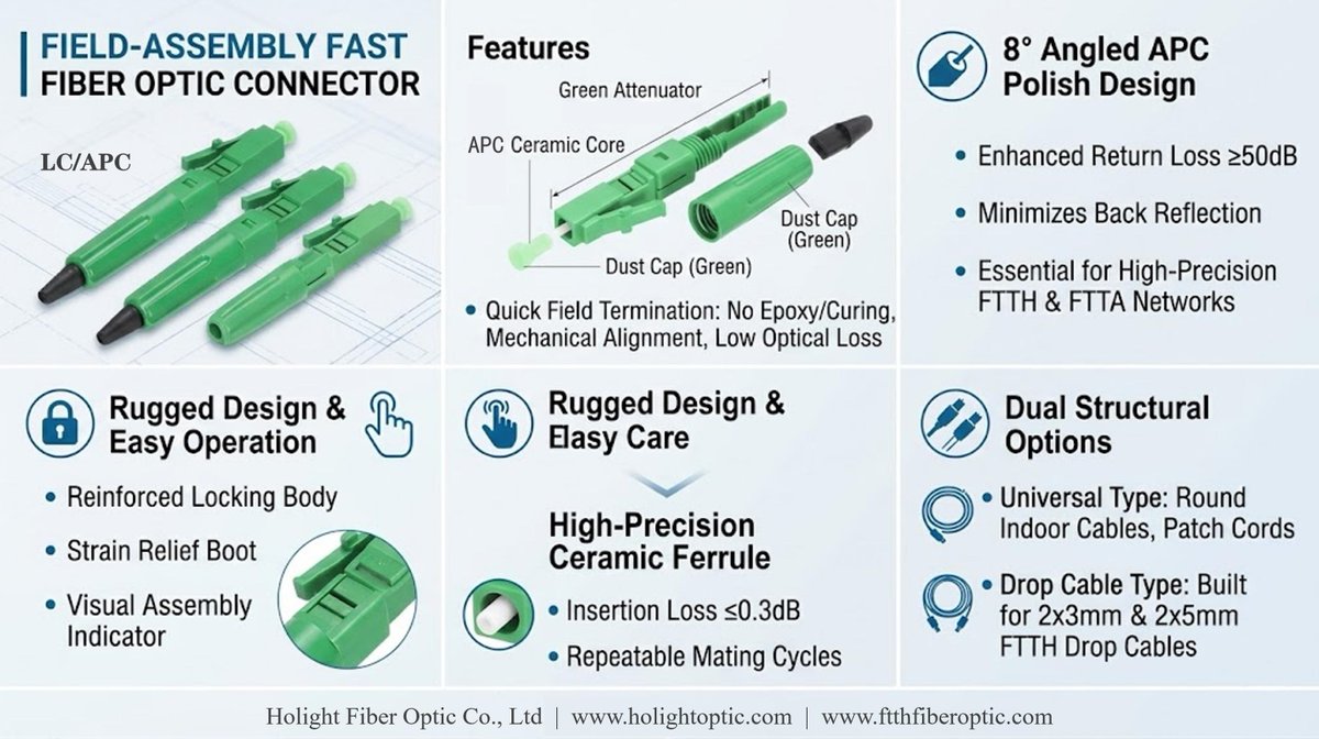 fiberFTTx's tweet photo. Field-Assembly Fast LC/APC Connector β No Epoxy, Fast FTTH Termination
#FastConnector #FieldAssemblyConnector #LCAPC #APCPolish #FTTH #FTTx #DropCable #FiberTermination #FiberInstallation #TelecomInfrastructure
#LowInsertionLoss #HighReturnLoss #BackReflection https://t.co/tfzl3YdT9L
