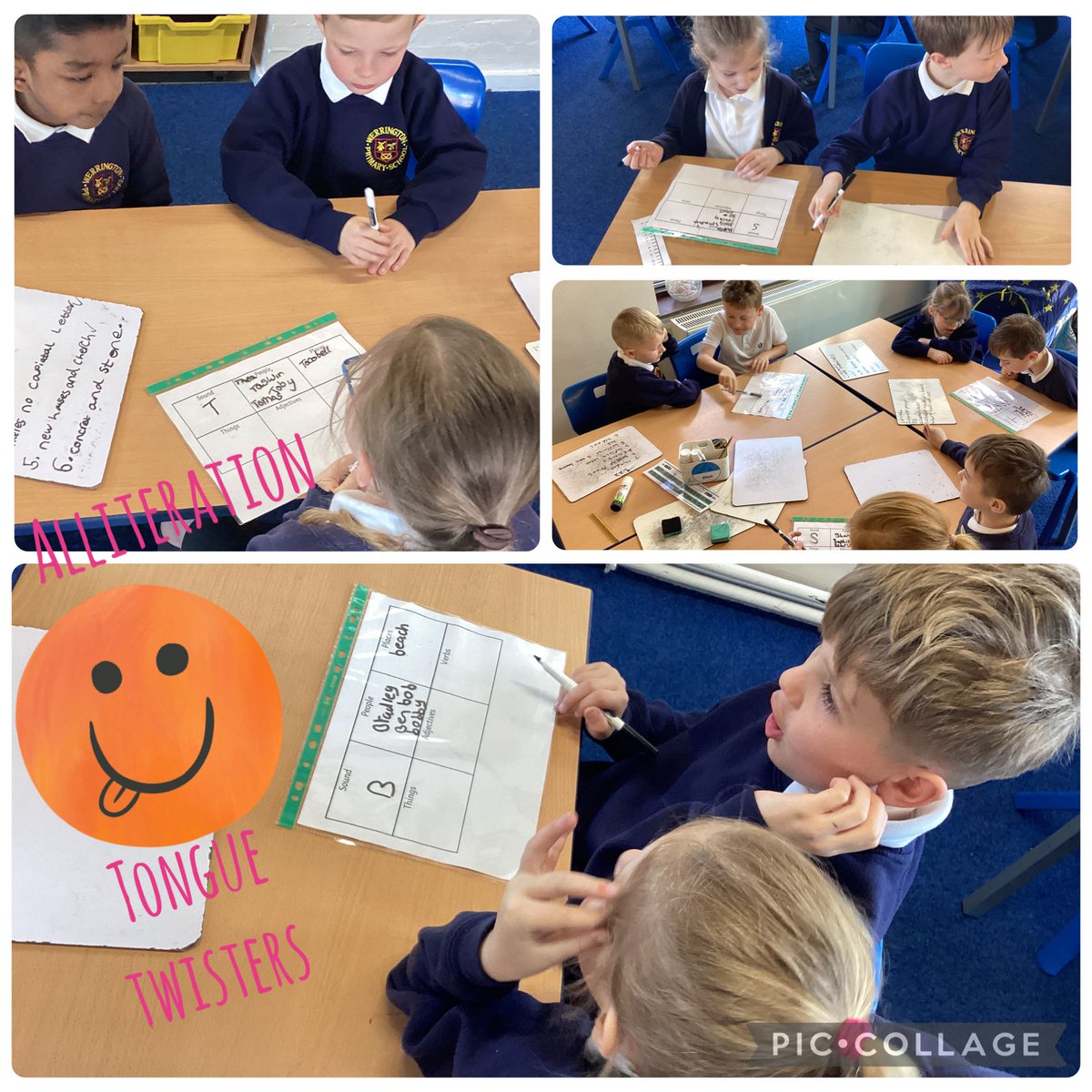 This week year 2 have been learning about alliteration in English to create tongue twisters. 
We worked in pairs today to create a silly tongue twister. This was our favourite: Kingslee’s chaotic karate kick collided with the cookies in the Co-op. #WerringtonYear2