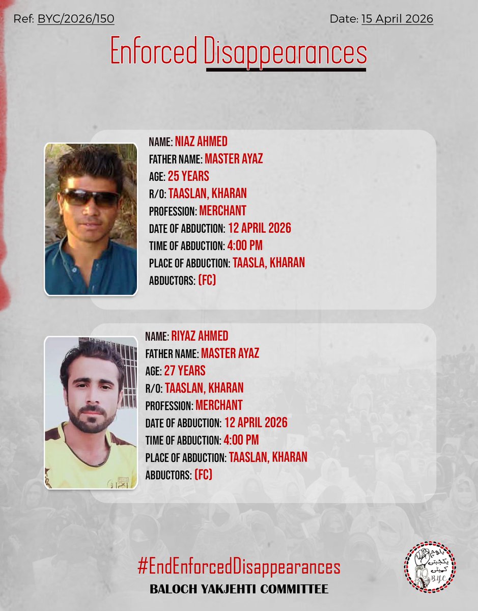 𝗘𝗻𝗱 𝗘𝗻𝗳𝗼𝗿𝗰𝗲𝗱 𝗗𝗶𝘀𝗮𝗽𝗽𝗲𝗮𝗿𝗮𝗻𝗰𝗲𝘀!

#EndEnforcedDisappearances
#StopBalochGenocide
